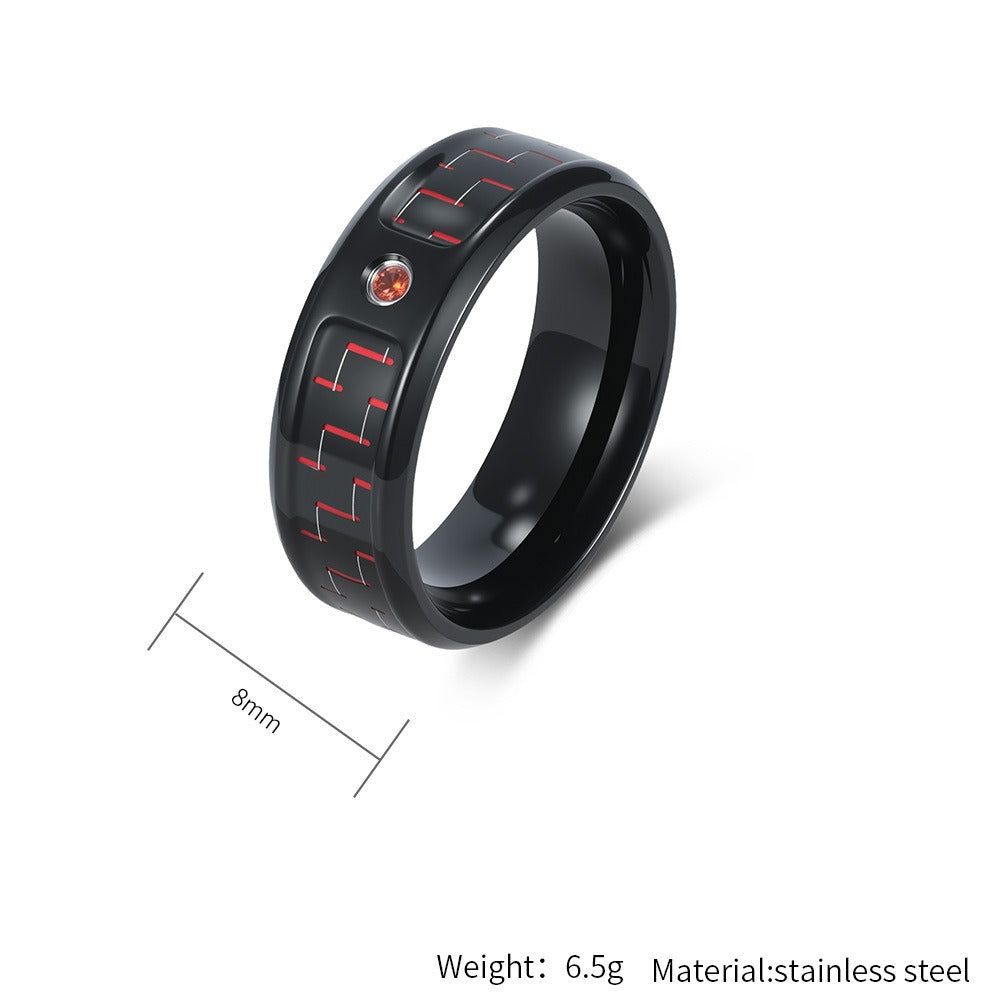 Kemstone Men’s Stainless Steel Cubic Zirconia Carbon-Fiber Ring – Black 8mm Modern K-R1098