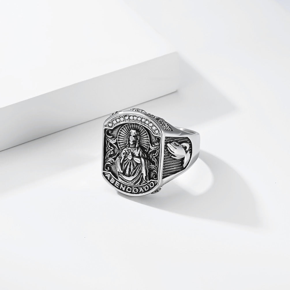 Kemston Baroque Engraved Signet Ring for Men Stainless Steel Gothic Vintage Relief Figure K-R1187