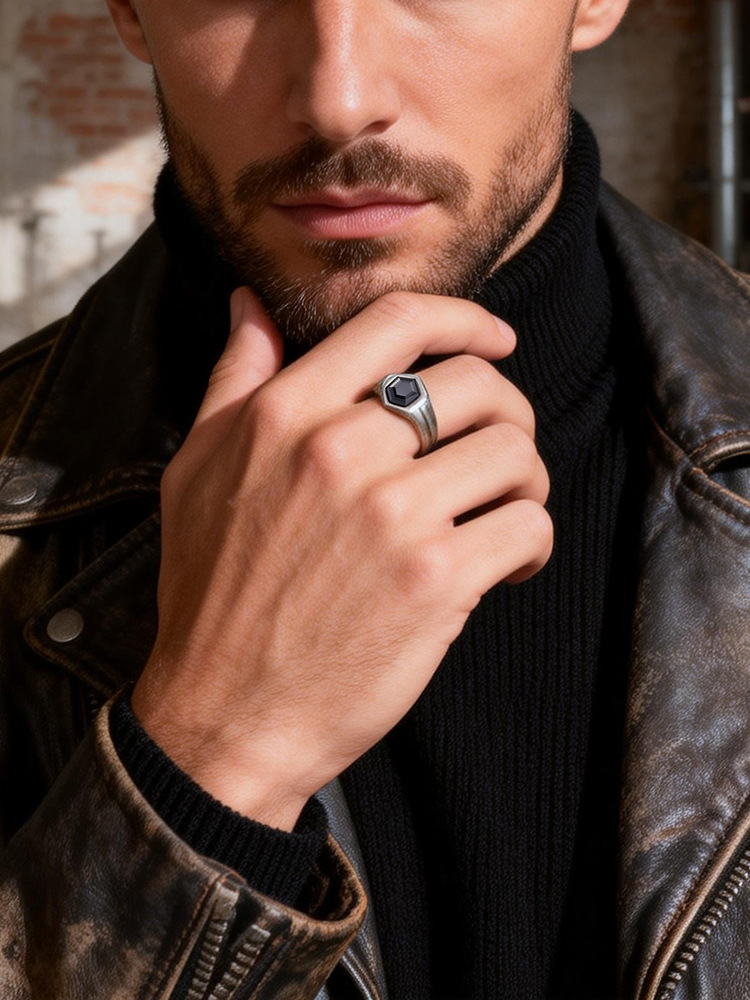 Kemstone Stainless Steel Hexagon Cubic Zirconia Signet Ring for Men Vintage Silver RC-985