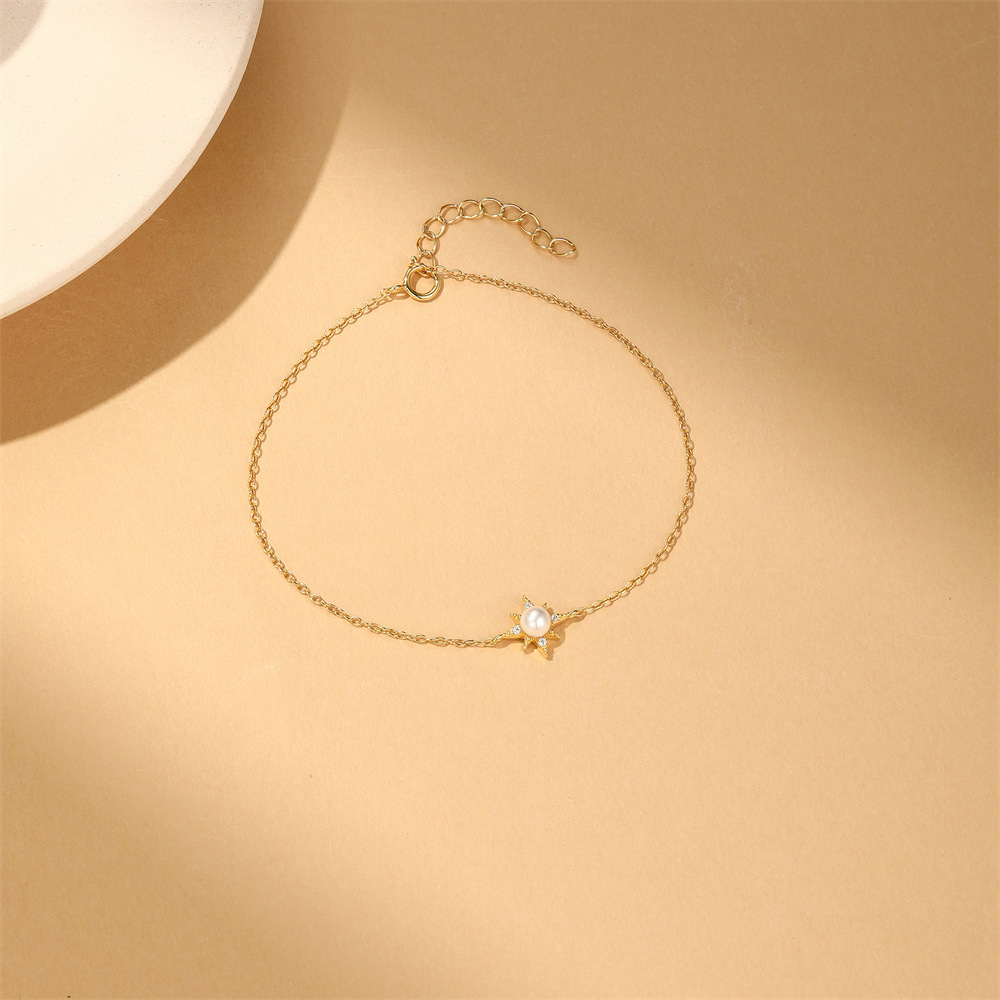 Kemstone 925 Sterling Silver Pearl Star Bracelet for Women Cubic Zirconia Dainty Chain 60604001652C
