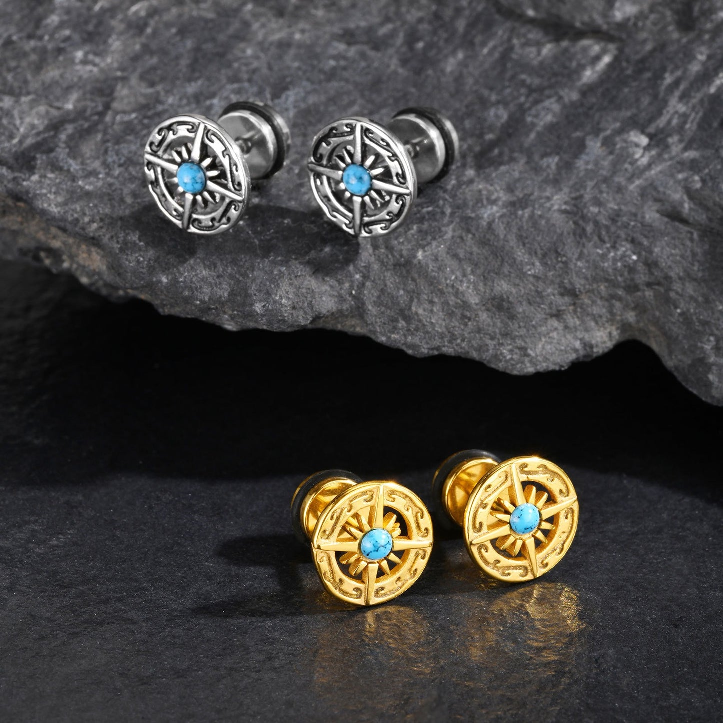 Kemstone Stainless Steel Turquoise Compass Stud Earrings – Vintage Symbolic Jewelry for Men, Gold/Silver ES-679