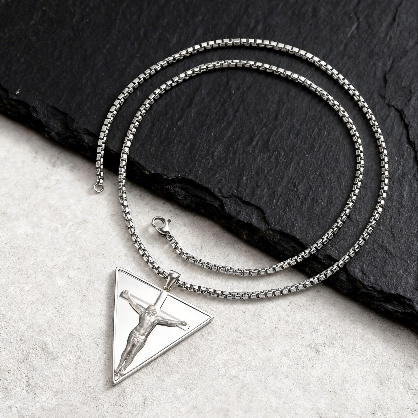 Kemstone Triangle Cross Pendant Necklace Stainless Steel Punk Style for Men Silver PN-2349S