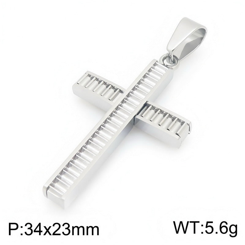 Kemstone Layered Cross Pendant Necklace for Men Stainless Steel Ribbed Design KP119486-HR