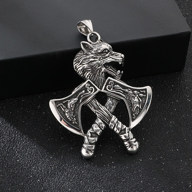 Kemstone Viking Axe Pendant Necklace Titanium Steel Wolf Head Celtic Knot Style for Men Silver KP117026-LU