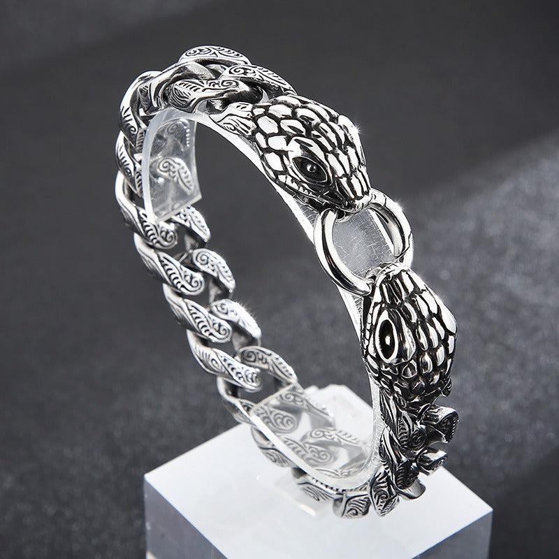 Kemstone Double Snake Head Bracelet – Titanium Steel Cuban Chain for Men | Gothic Punk Vintage Style KB161368-KJX