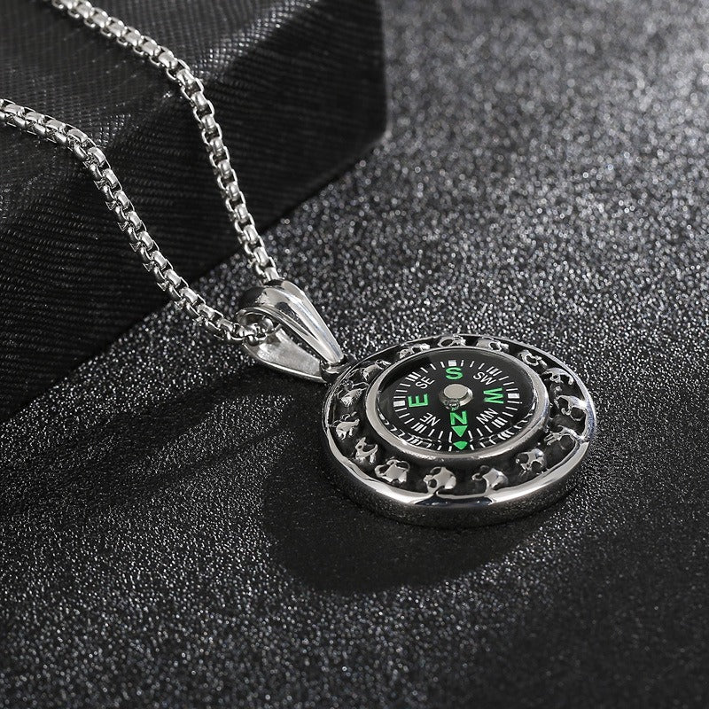 Kemstone Titanium Steel Compass Skull Pendant Necklace for Men Vintage Round Design KP55736-BD