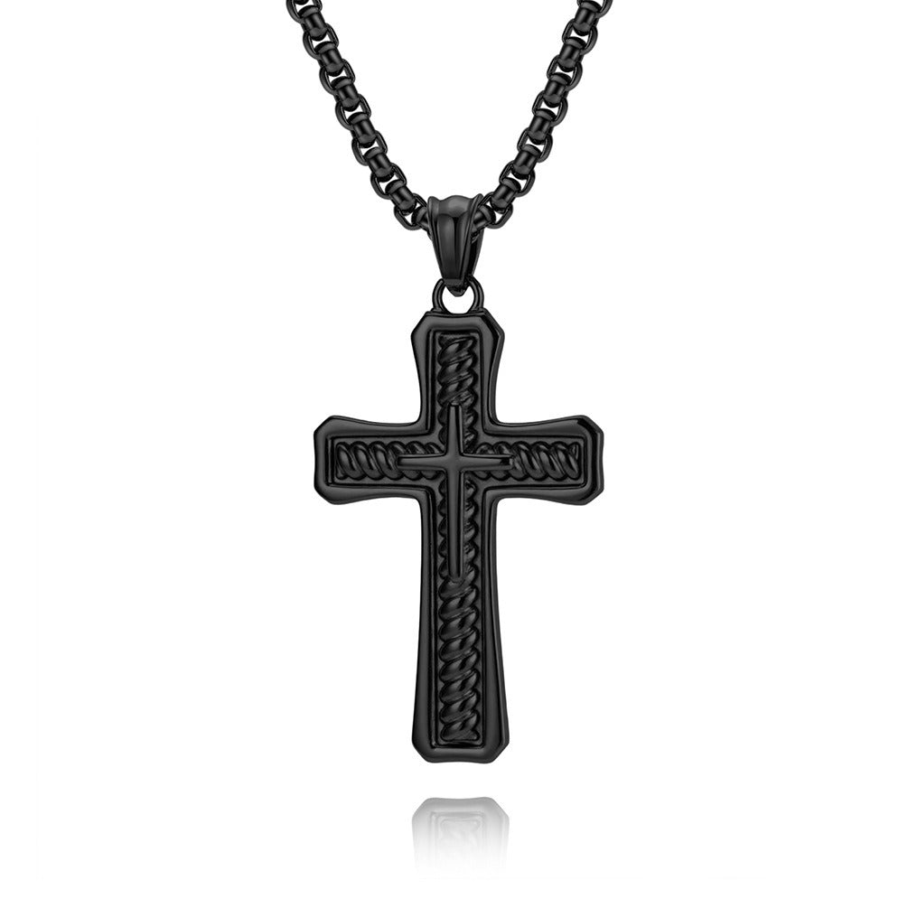Kemstone Stainless Steel Layered Cross Pendant Necklace Rope Texture Detail for Men K-PT716
