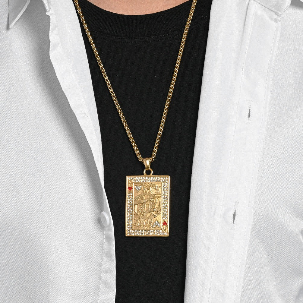 Kemstone Stainless Steel Playing Card Pendant Necklace for Men Women Iced Heart King K-PT719