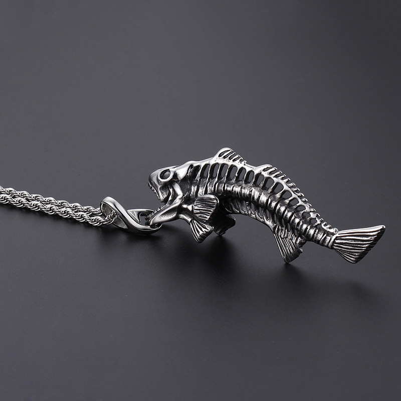 Kemstone Titanium Steel Shark Skeleton Pendant Necklace – Fish Bone Design for Men KP54478-BD