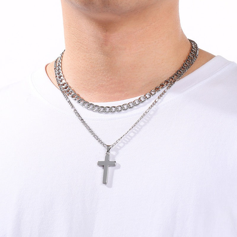 Kemstone Stainless Steel Cross Pendant Necklace for Men Layered NK Chain KN292217-Z