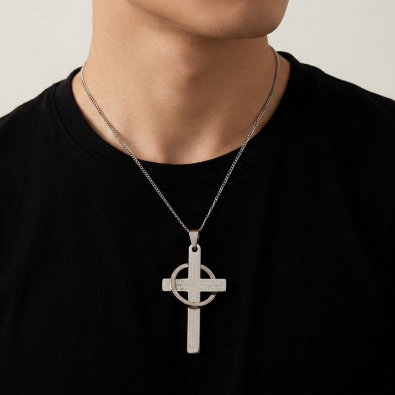 Kemstone Titanium Steel Engraved Cross Pendant for Men Vintage Ring Cross Chain KP119055-Z