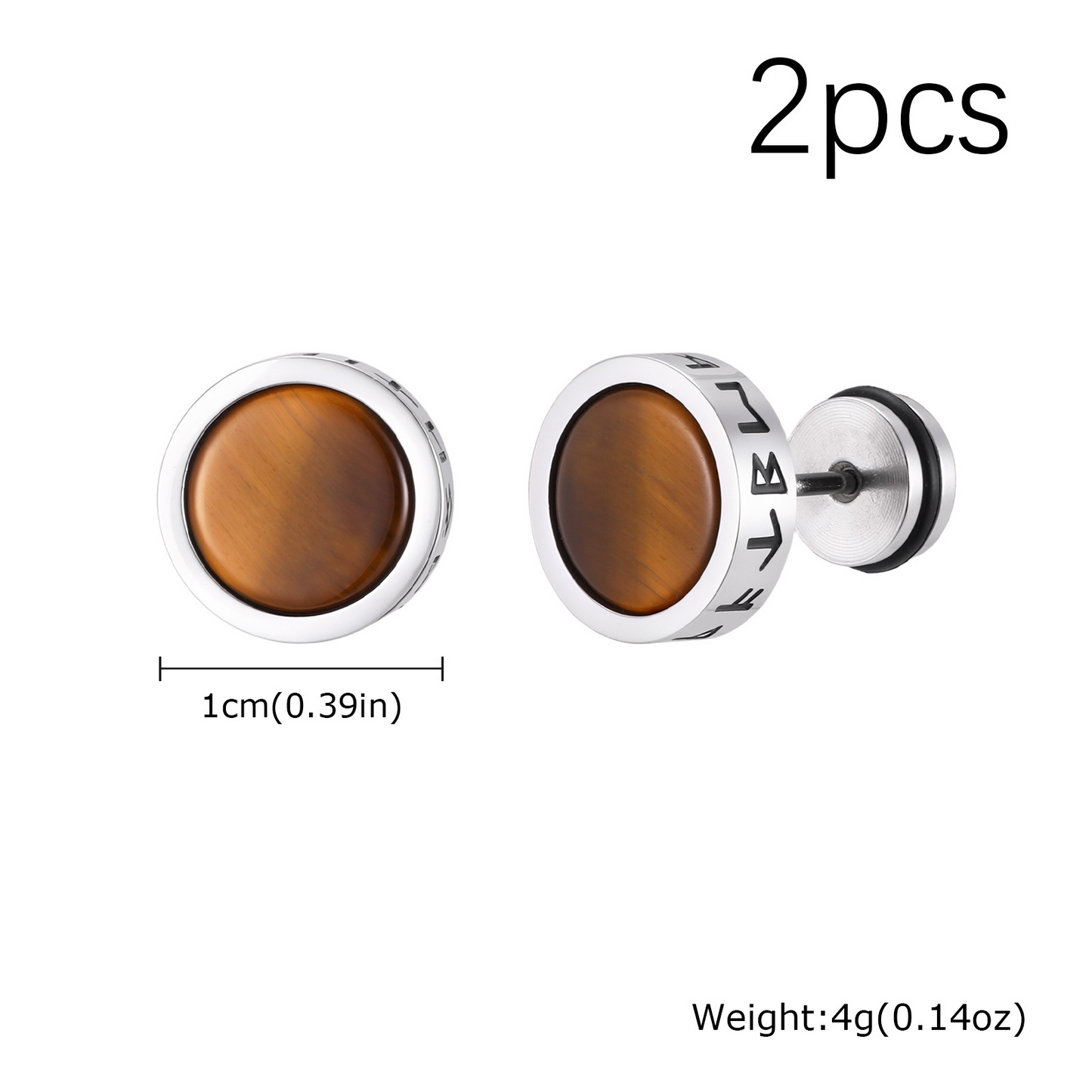 Kemstone Stainless Steel Tiger Eye Stud Earrings – Round Rune Edge Design for Men ES-784