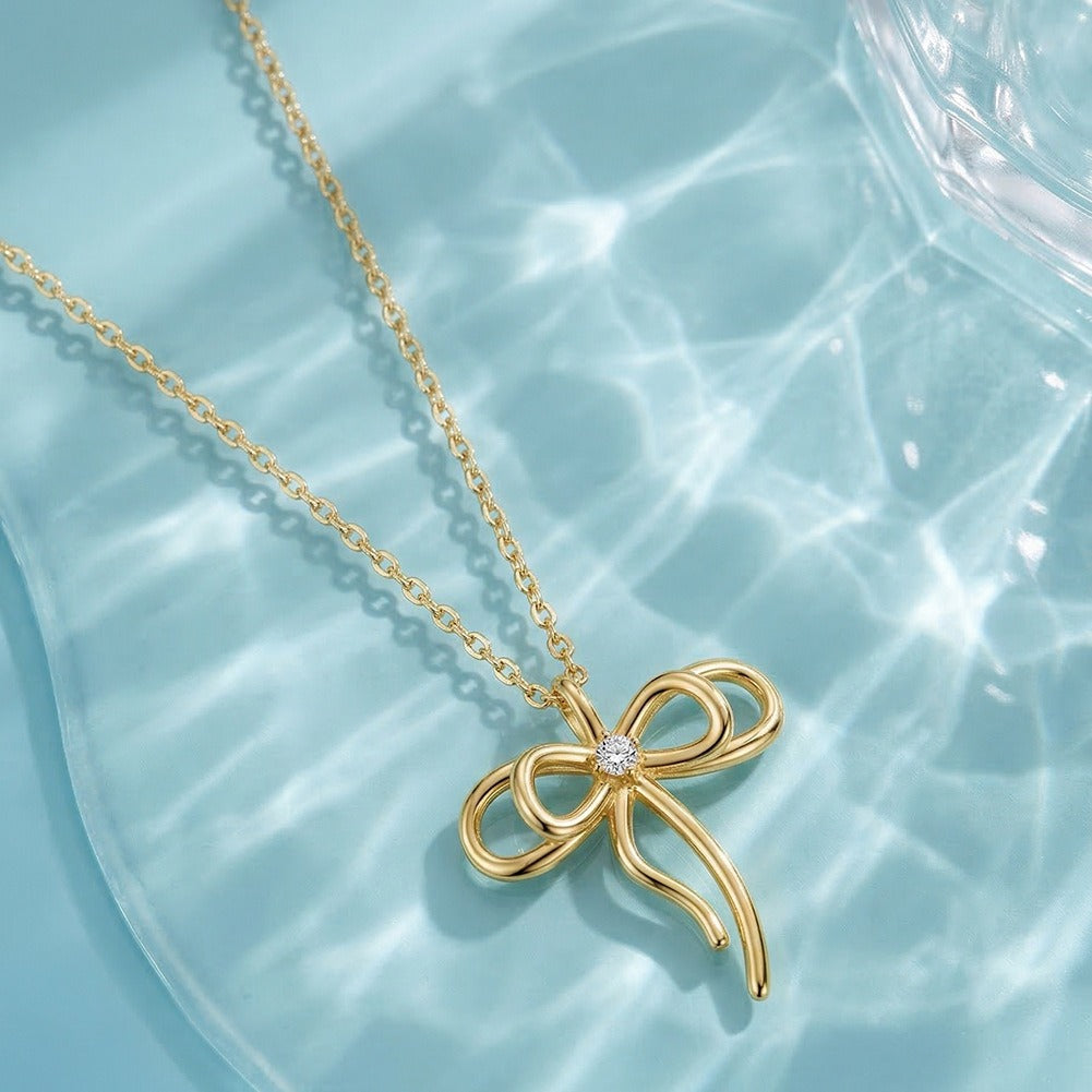 Kemstone Bow Pendant Necklace for Women 925 Sterling Silver Cubic Zirconia Dainty Gold Silver SAPN63