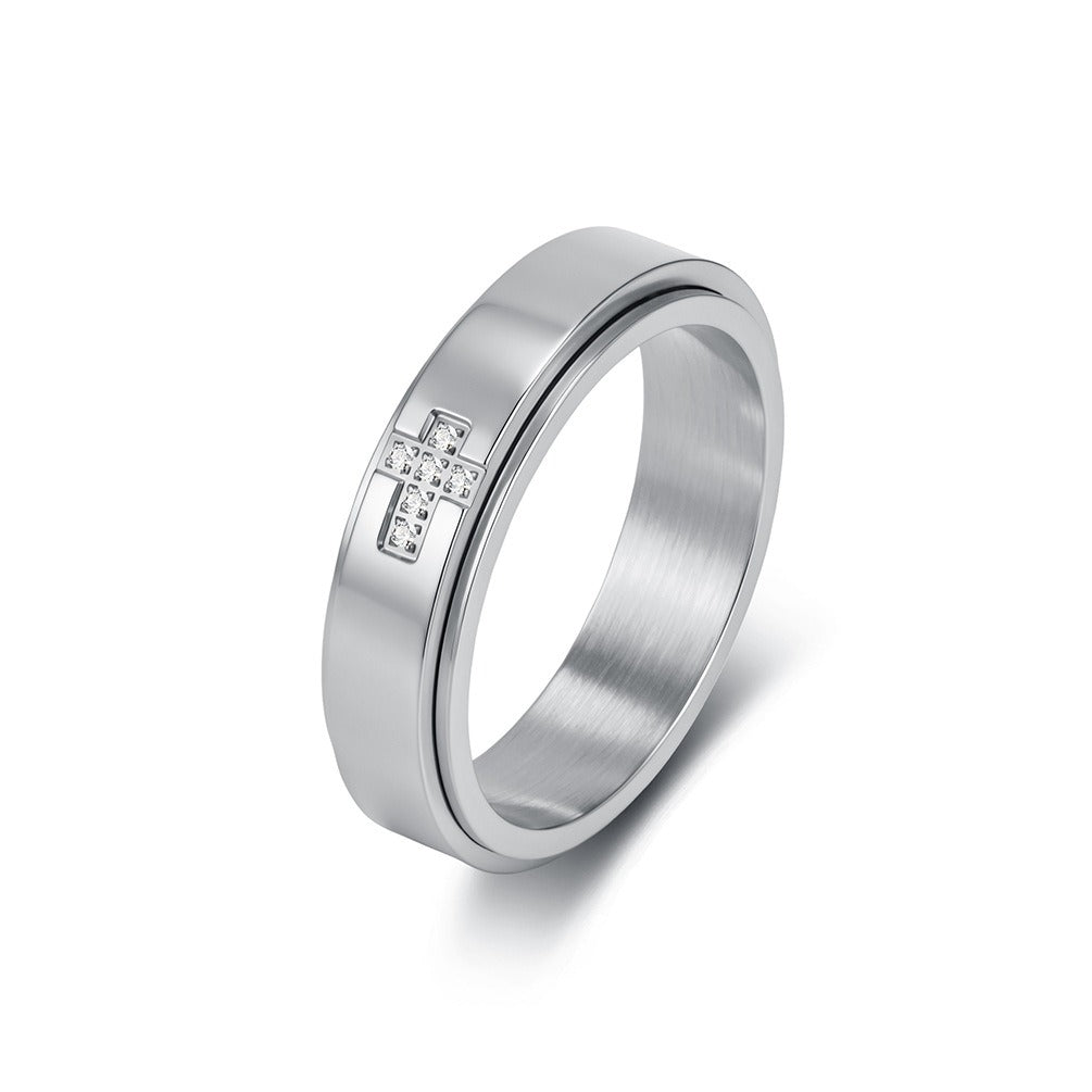 Kemston Rotating Cross Ring for Men & Women Stainless Steel Small Stone Detail K-R1220