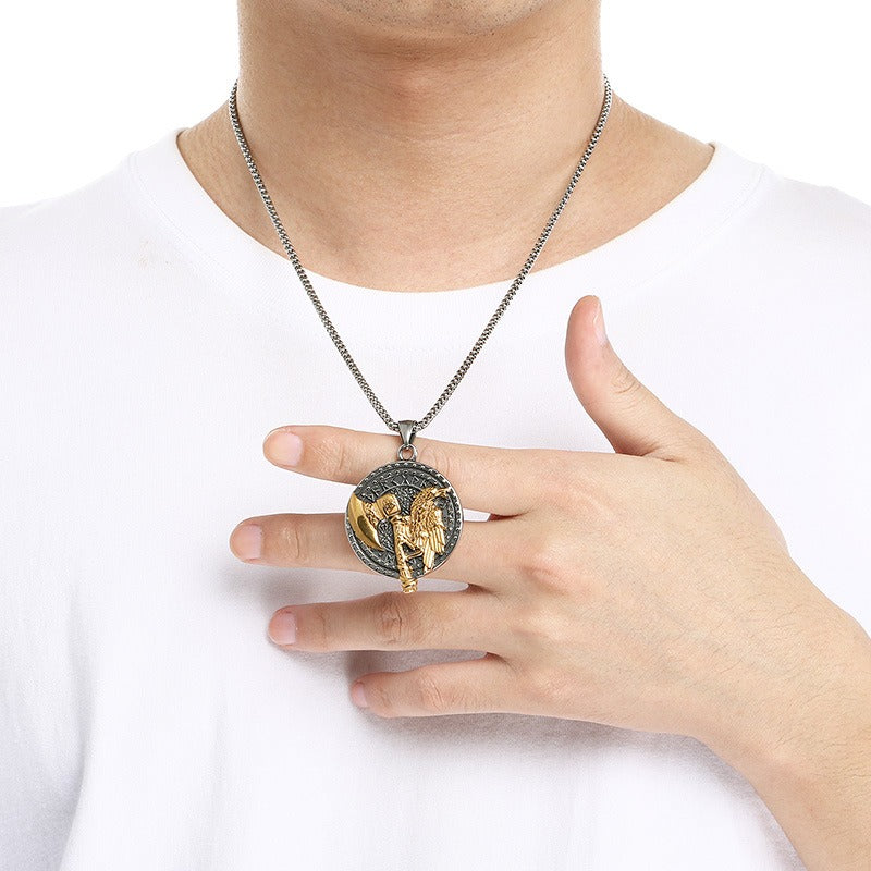 Kemstone Viking Axe Raven Wolf Pendant Necklace Stainless Steel - Rune Coin Norse Style Men KP117708-LU