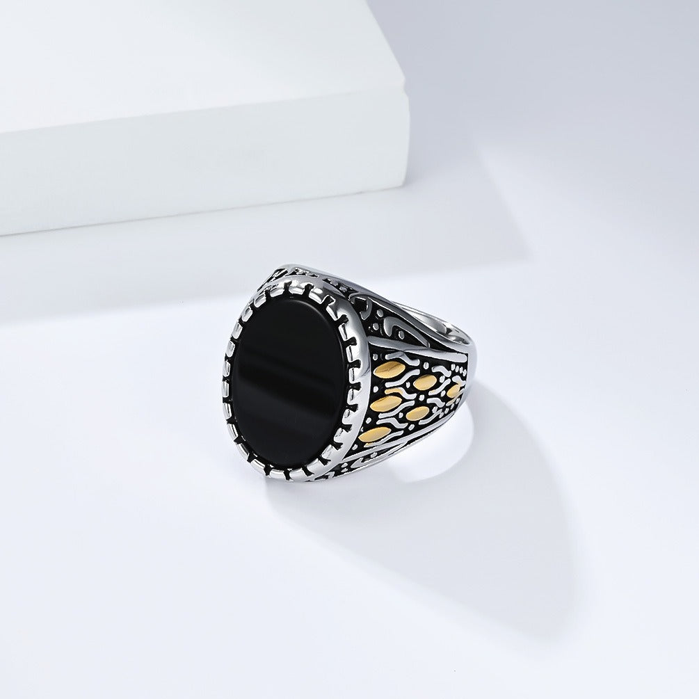 Kemstone Stainless Steel Black Stone Inlay Ring – Vintage Style for Men K-R1114