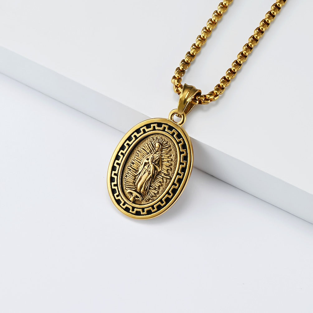 Kemstone Stainless Steel Guardian Figure Oval Pendant Necklace for Men K-PT689