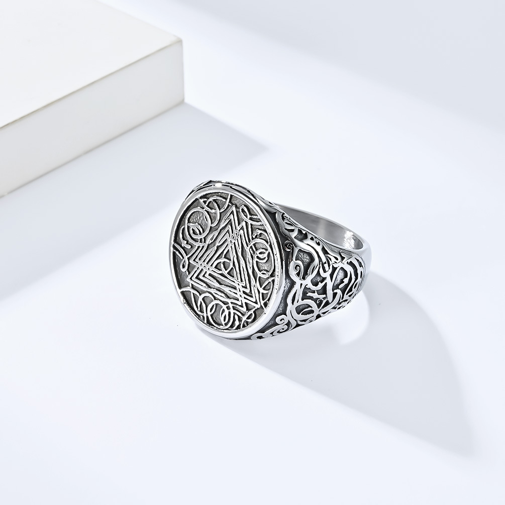 Kemstone Stainless Steel Viking Triangle Knot Signet Ring for Men Silver Black K-R735