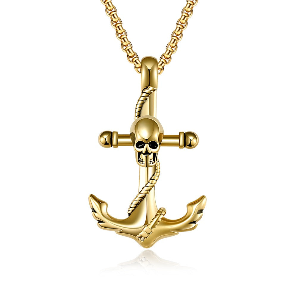 Kemstone Stainless Steel Anchor Skull Pendant Necklace for Men Nautical Gothic K-PT424