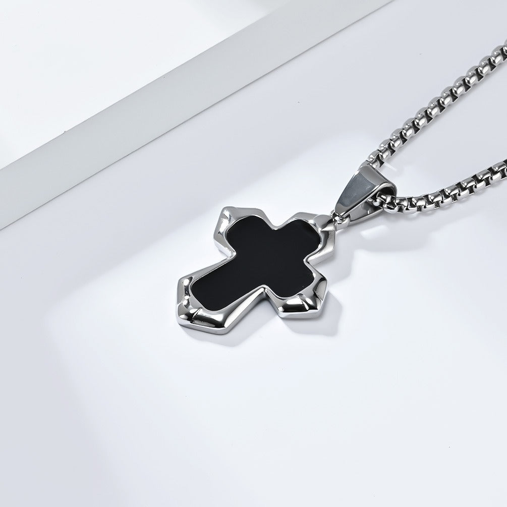 Kemstone Black Enamel Cross Necklace for Men Stainless Steel Faceted Edge K-PT560