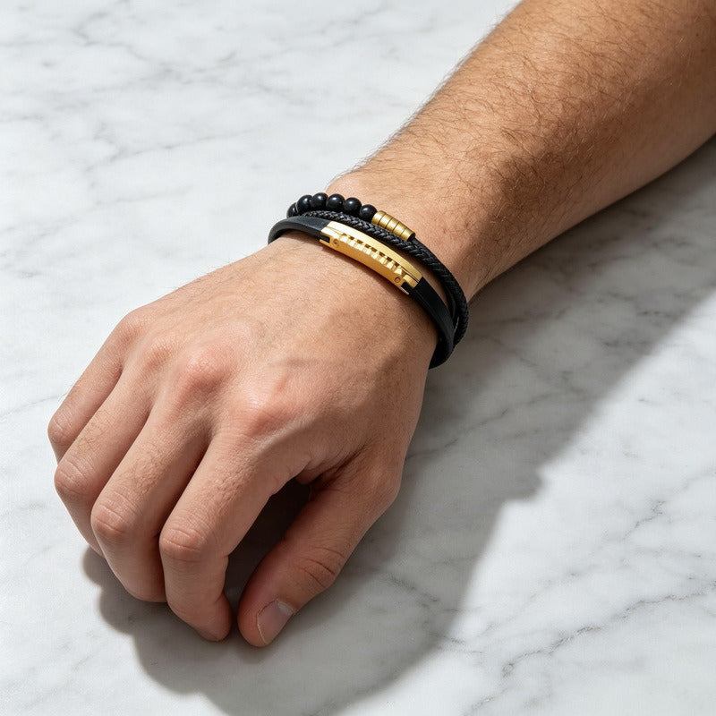 Kemstone Multi-Layer Braided Leather Bracelet for Men Beaded Titanium Steel KB147788-KLHQ