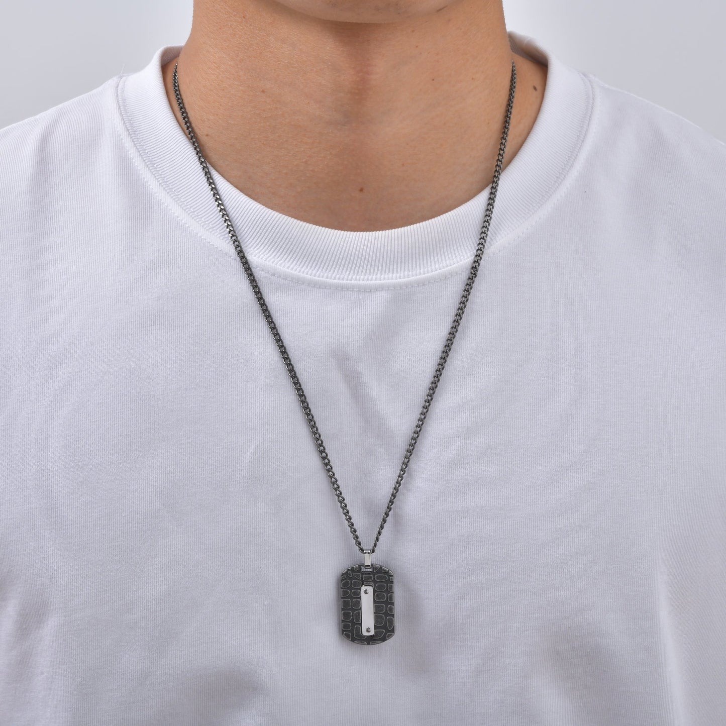 Kemston Textured Rectangular Pendant Necklace for Men Stainless Steel Polished Bar PN-2396GR