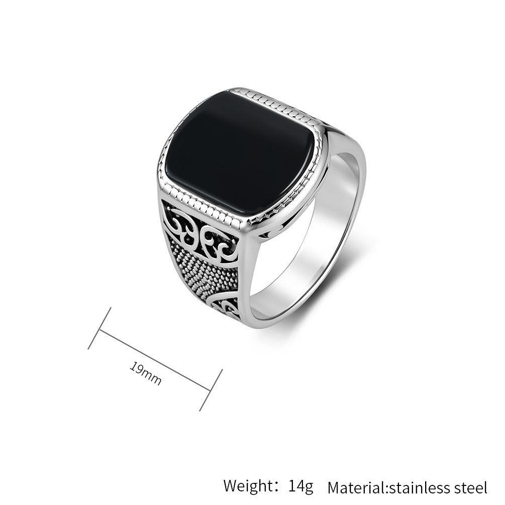 Kemston Vintage Signet Ring for Men Stainless Steel Square Stone Engraved Design K-R1197