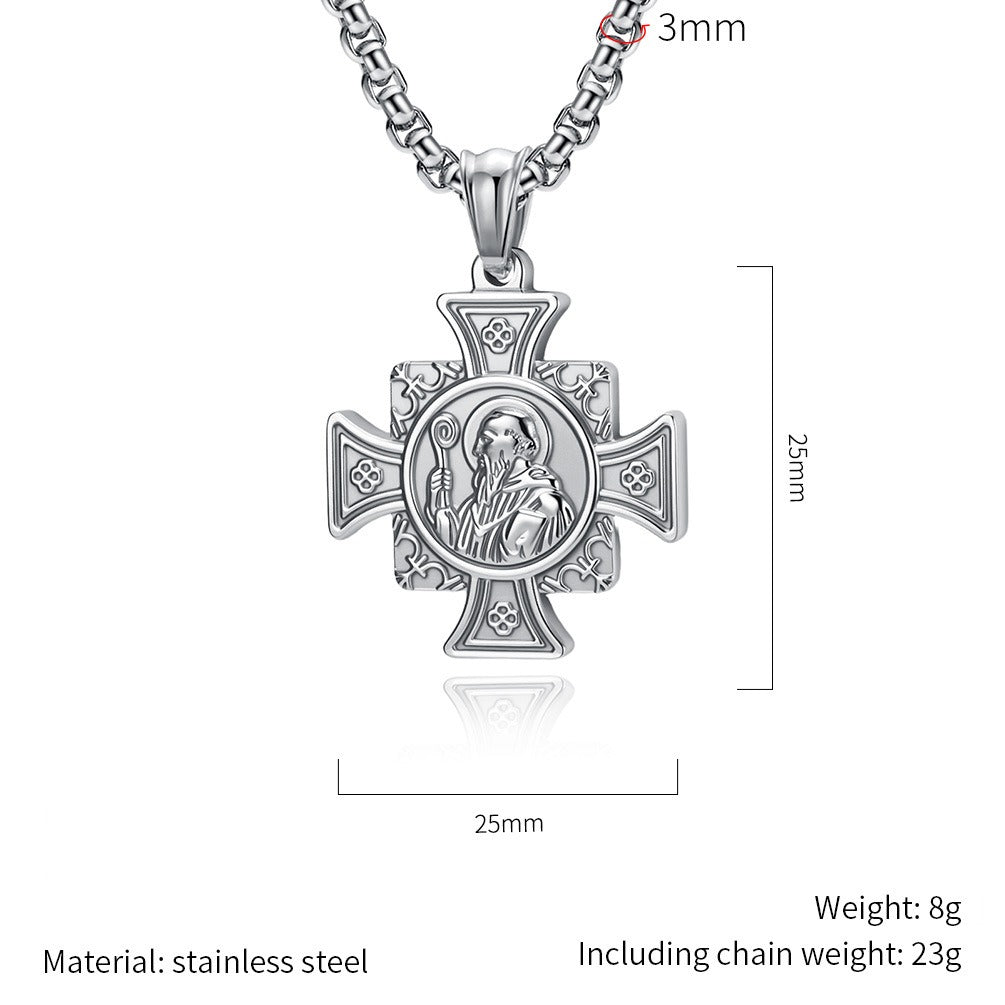 Kemstone Titanium Steel Cross Pendant Necklace for Men Vintage Engraved Medallion Silver Gold Black K-PT710