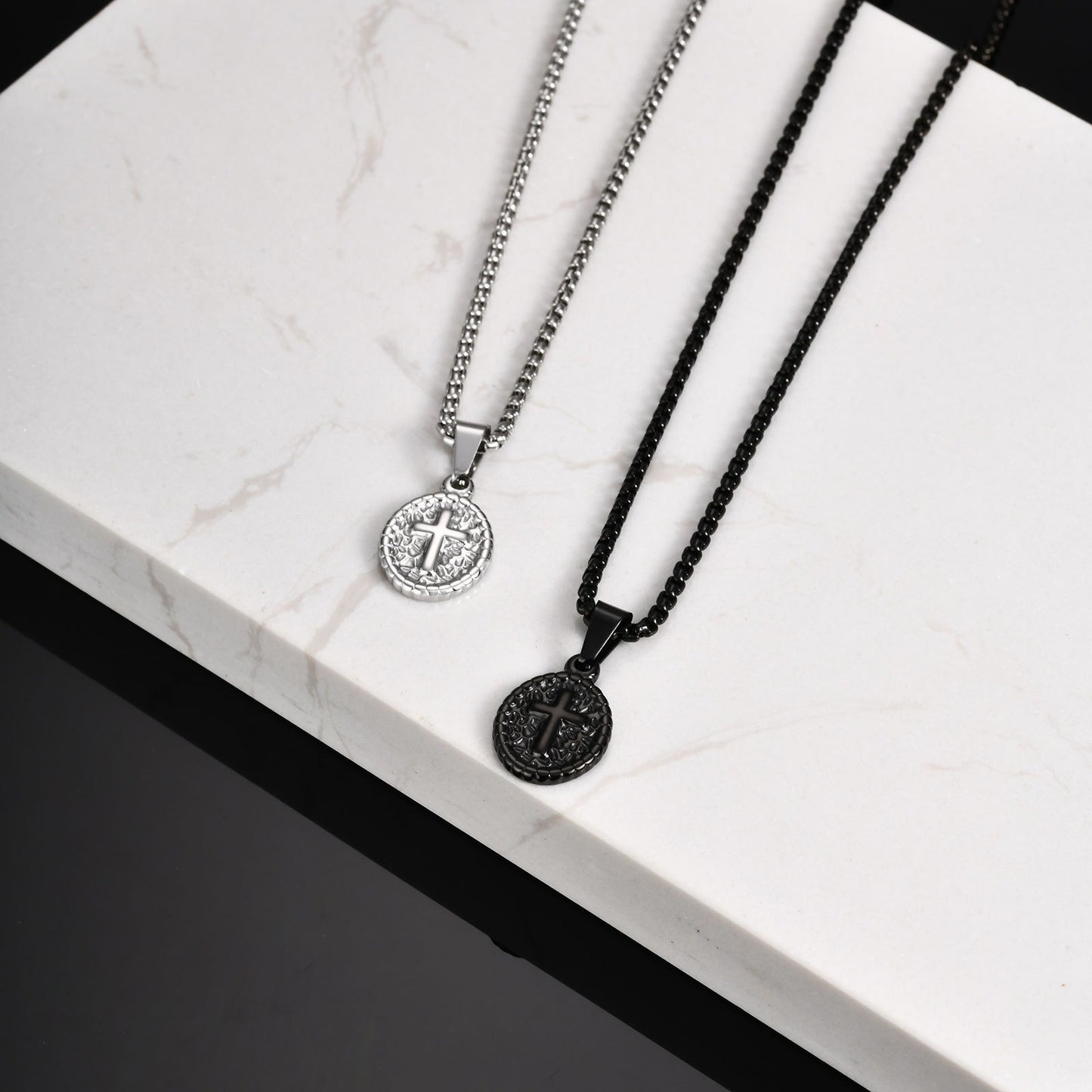 Kemstone Men’s Stainless Steel Cross Oval Pendant Necklace – Silver Black PN-2182
