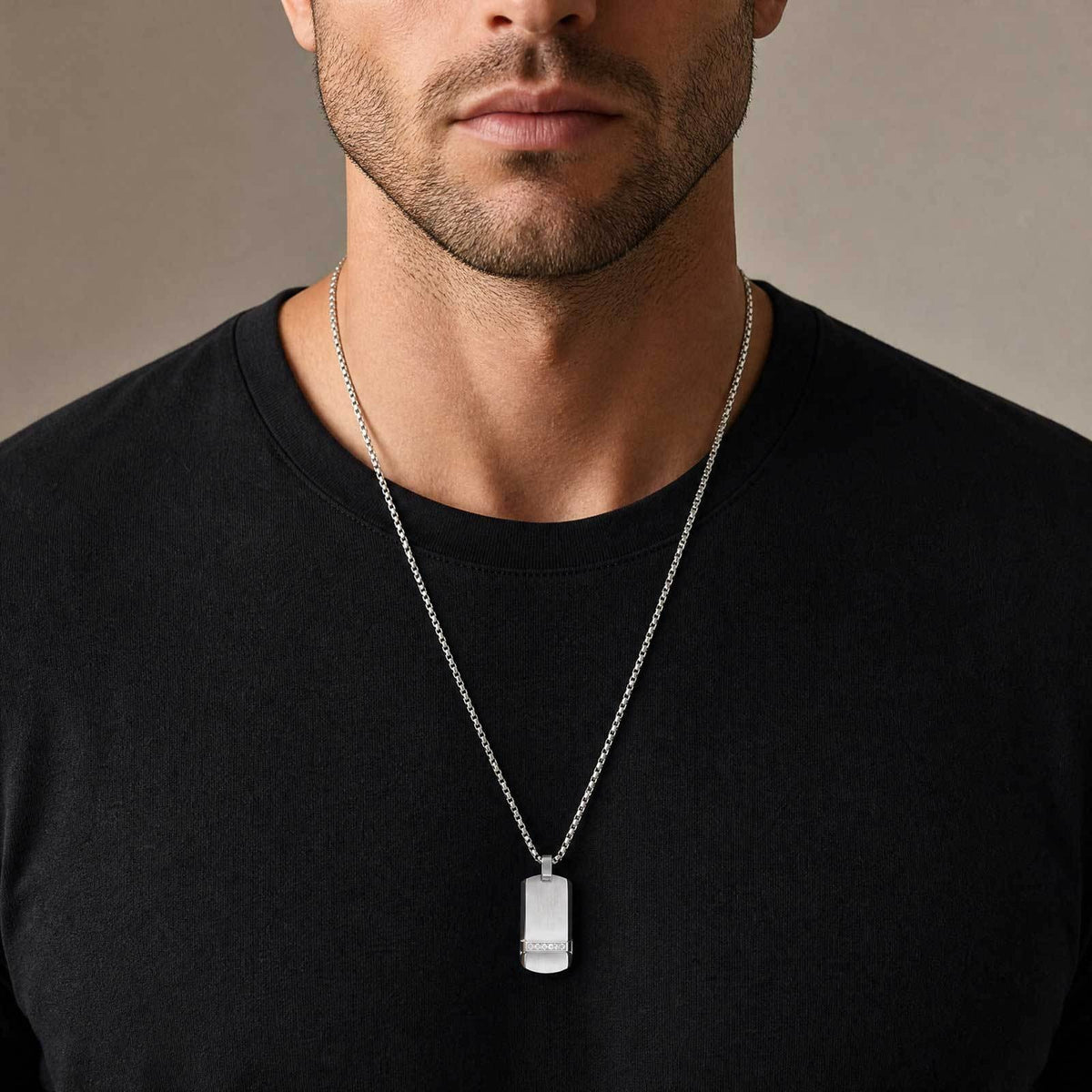 Kemstone Black Rectangular Pendant Necklace for Men Stainless Steel Cubic Zirconia Detail Punk Style PN-240