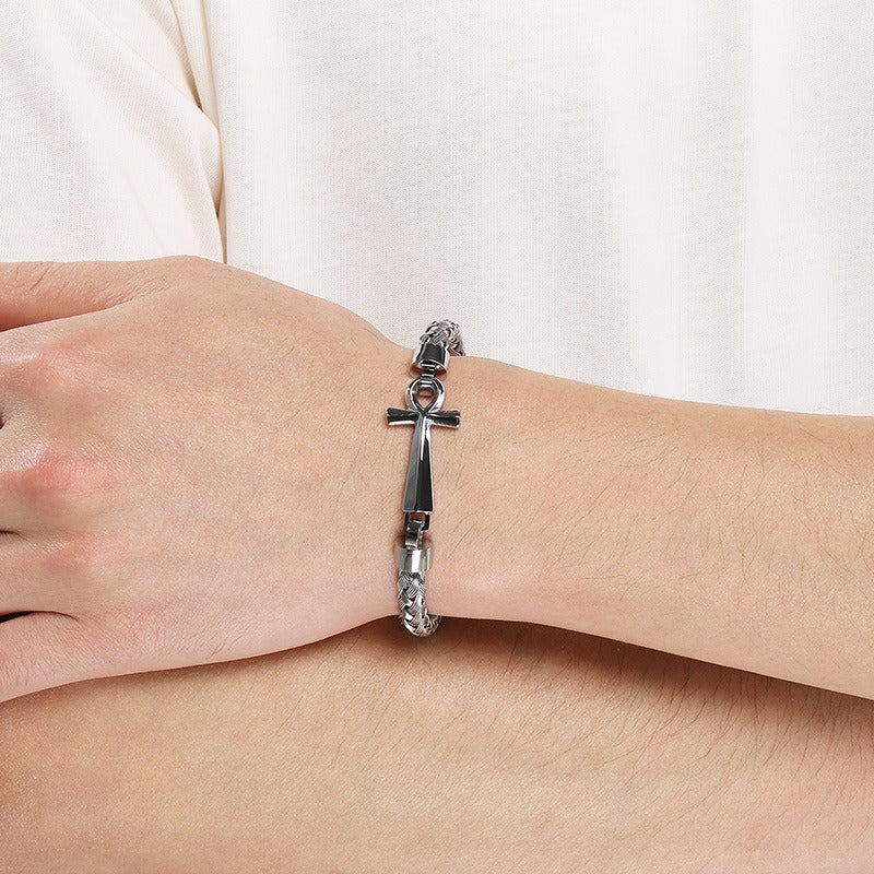 Kemstone Titanium Steel Braided Cuff Bracelet for Men Ankh Cross Clasp Gold Silver KB212793-KFC