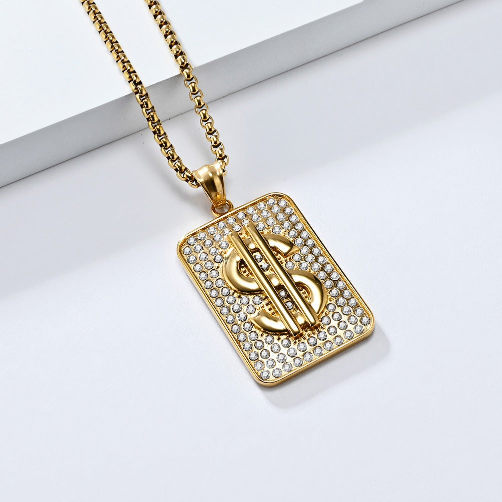Kemstone Men’s Titanium Steel Dollar Sign Pendant Necklace – Hip Hop Iced Out Style K-PT602