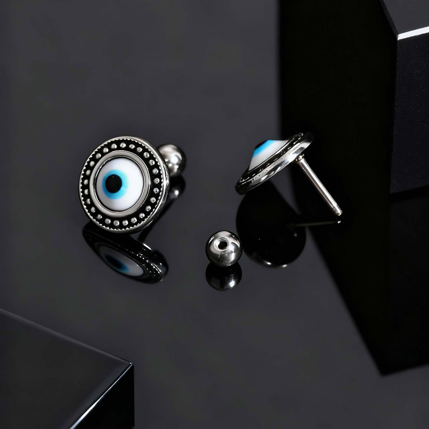 Kemstone Stainless Steel Blue Resin Eye Stud Earrings for Men – Boho Silver ES-766