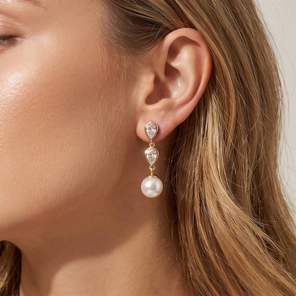Kemstone Teardrop Pearl Drop Earrings for Women 925 Sterling Silver Cubic Zirconia PSE13
