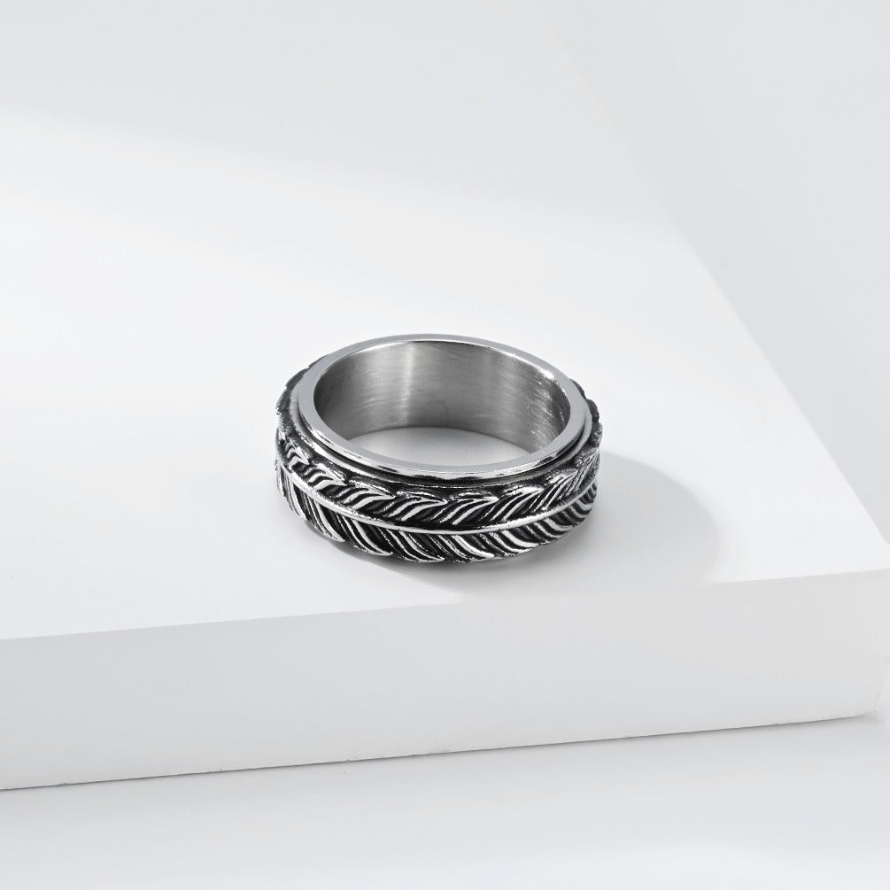 Kemston Feather Spinner Ring for Men Stainless Steel Rotating Vintage Band K-R1196