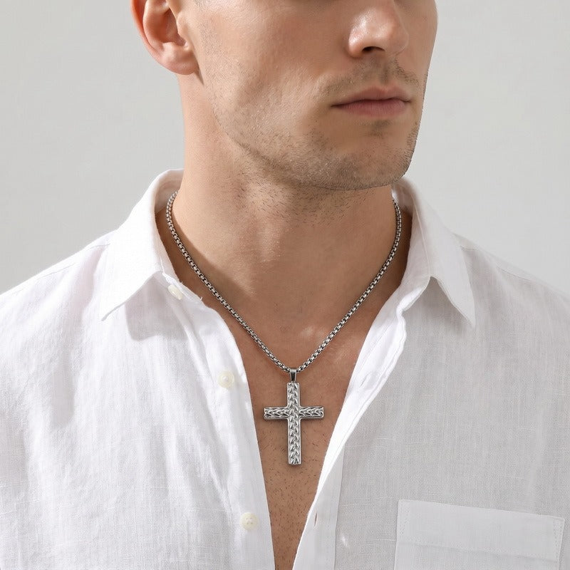 Kemstone Titanium Steel Wheat Texture Cross Pendant for Men KN302490-GC