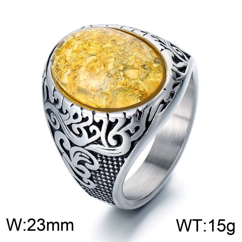Kemstone Viking Rune Ring – Cracked Stone Titanium Steel Band for Men, Norse Mythology Gothic Style KR110138