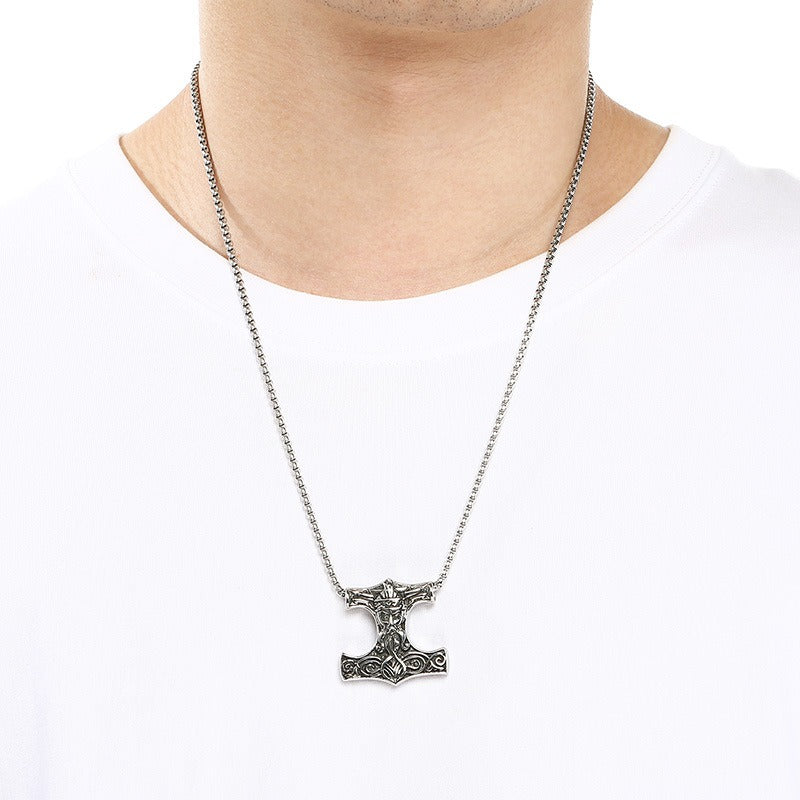 Kemstone Viking Hammer Pendant Necklace for Men - Titanium Steel Norse Rune Style KP117744-LU