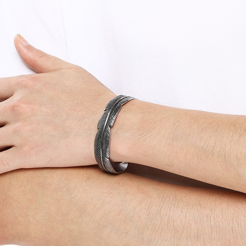 Kemstone Viking Raven Celtic Knot Feather Cuff Bracelet – Titanium Steel Open Bangle for Men KB209301-LU