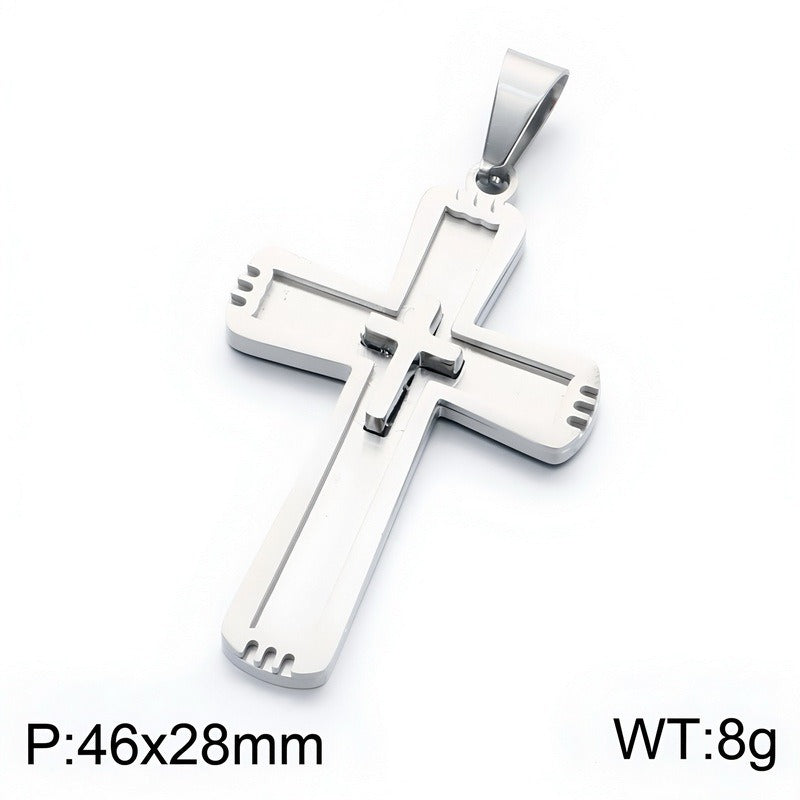Kemston Double Layer Cross Pendant Necklace for Men Stainless Steel Inset Cross Design KP119384-KL