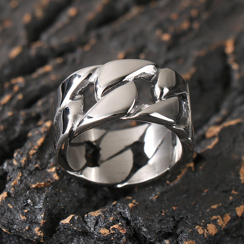 Kemstone Titanium Steel Cuban Link Ring – Wide Hollow Band for Men KR112494-KJX