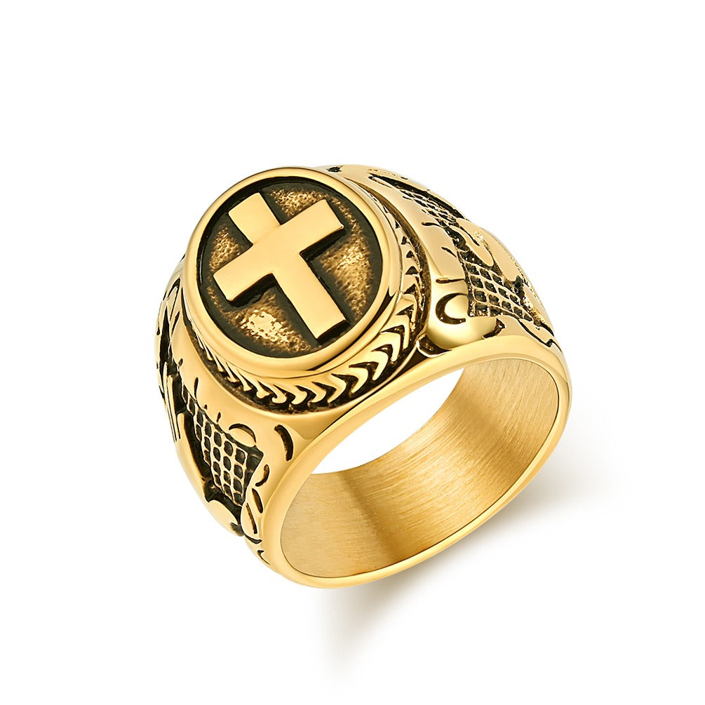 Kemstone Stainless Steel Vintage Cross Signet Ring for Men K-R958