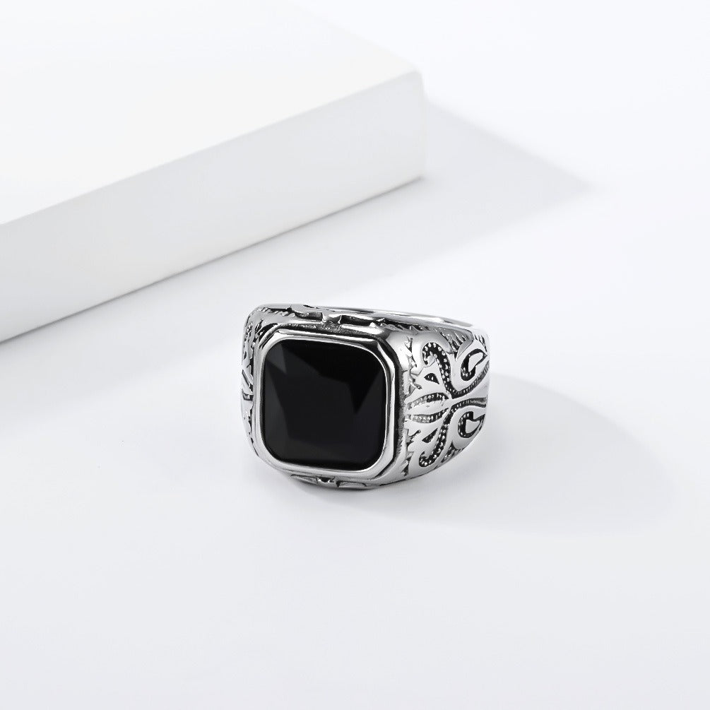 Kemston Black Stone Signet Ring for Men Stainless Steel Vintage Engraved Design K-R1199