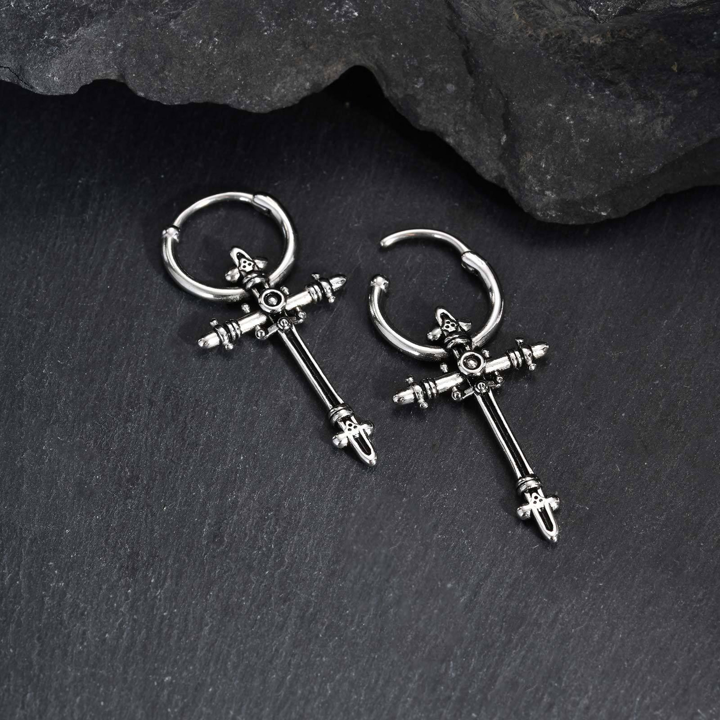 Kemstone Stainless Steel Cross Hoop Earring for Men – Vintage Silver ED-966
