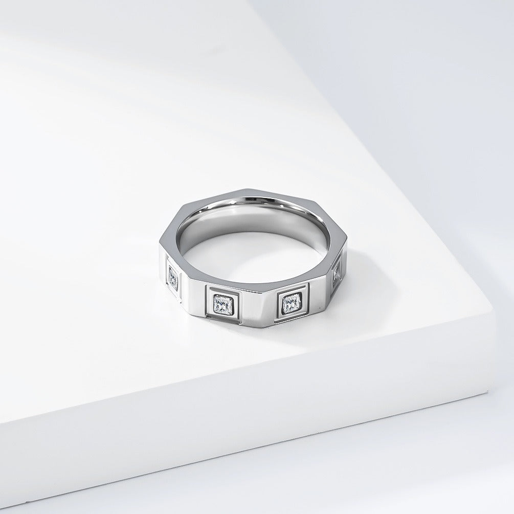 Kemstone Octagonal Cubic Zirconia Geometric Stainless Steel Ring for Men & Women K-R1129