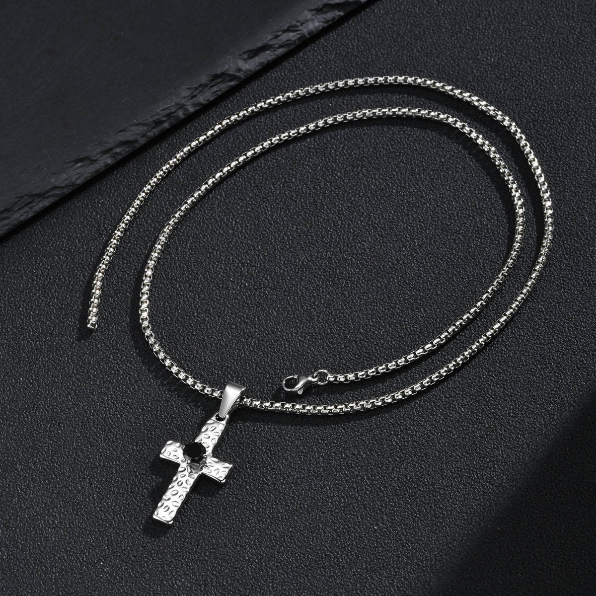 Kemstone Stainless Steel Hammered Cross Necklace for Men Cubic Zirconia Center PN-247