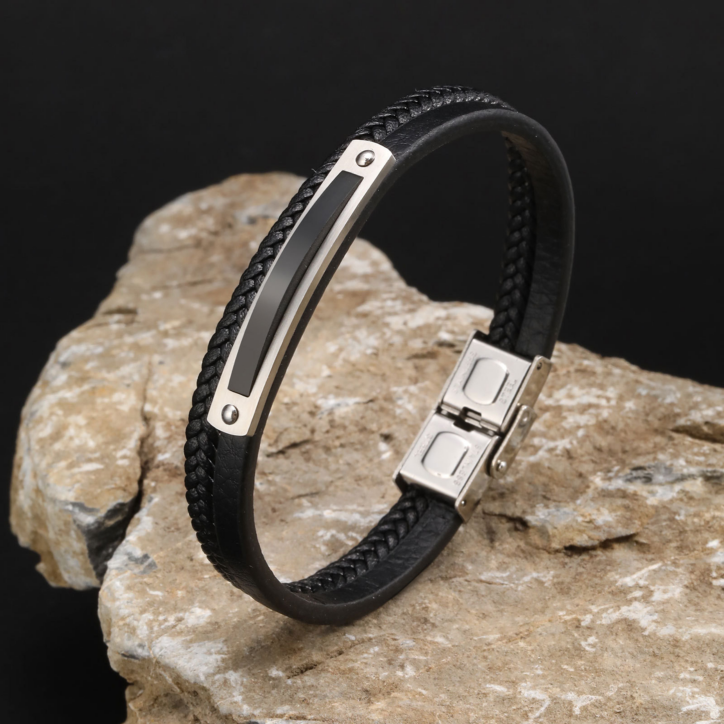 Kemstone Curved Plate Double-Layer Black PU Leather Bracelet for Men BL-782S