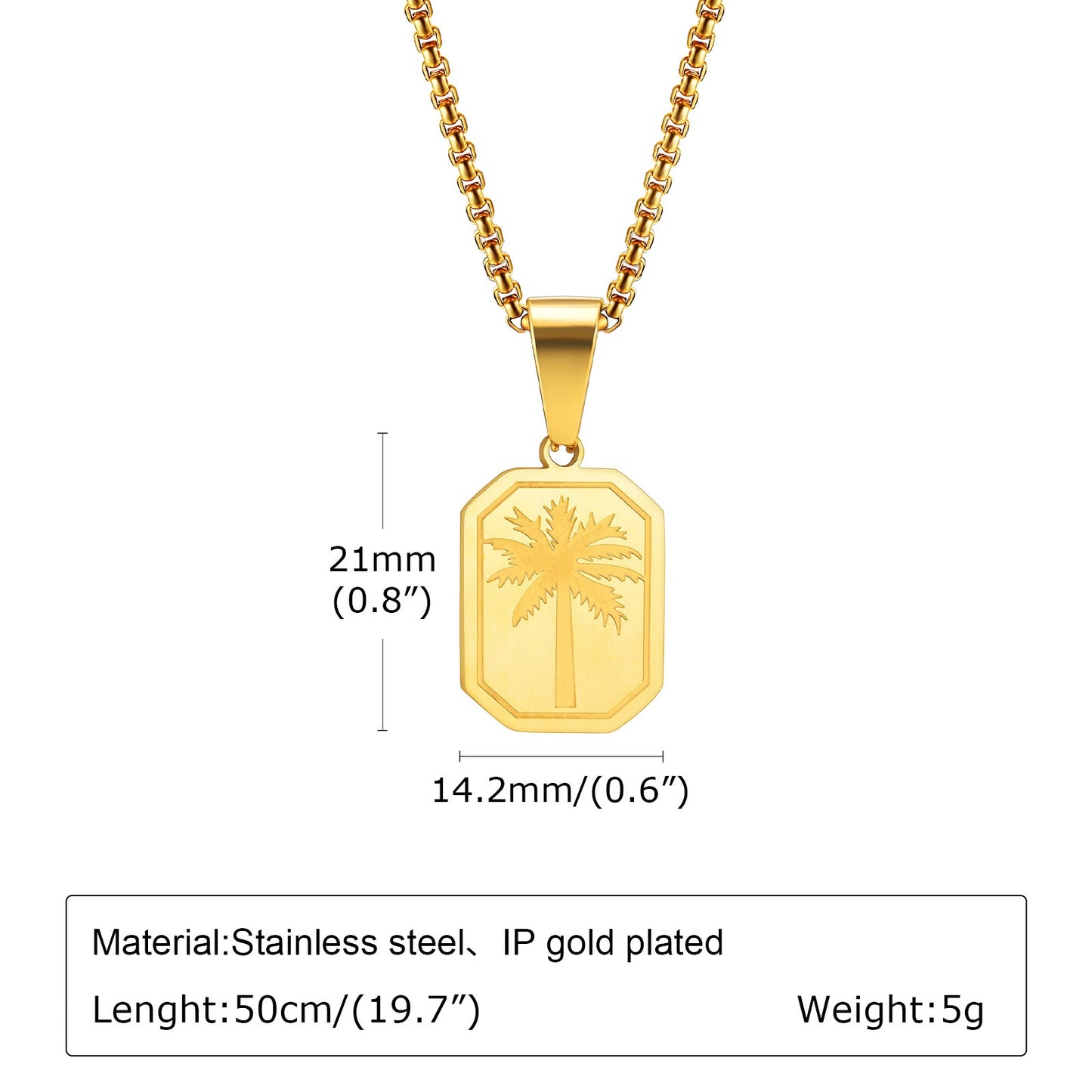 Kemstone Stainless Steel Palm Tree Pendant Necklace – Etched Rectangle Tag, Gold Silver PN-1990