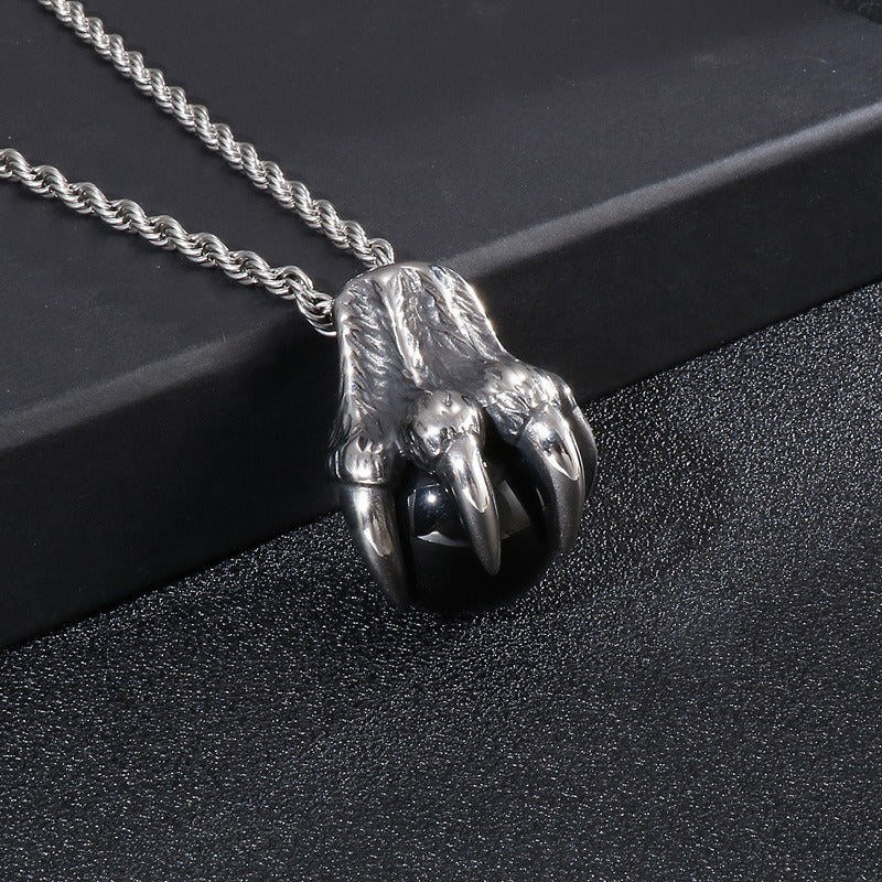 Kemstone Men’s Titanium Steel Claw Pendant – Black Glass Orb KP43972