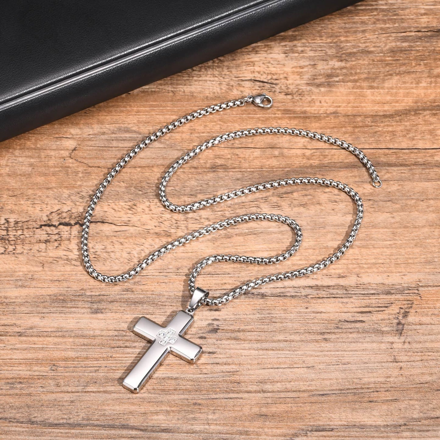 Kemstone Stainless Steel Cross Pendant Necklace with Cubic Zirconia Inlay for Men PN-2044